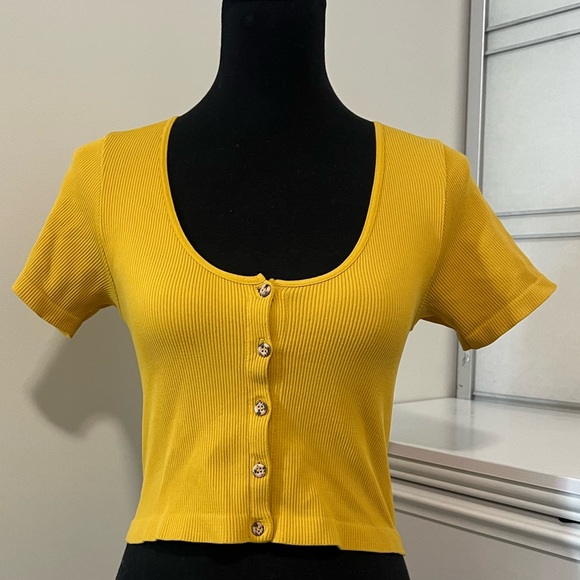 Free People Tops - Free People Mustard Button-Up Crop Top